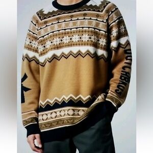 Dutch Bros Coffee Tan Brown & Black Fair Isle Chunky Knit Sweater Chunky